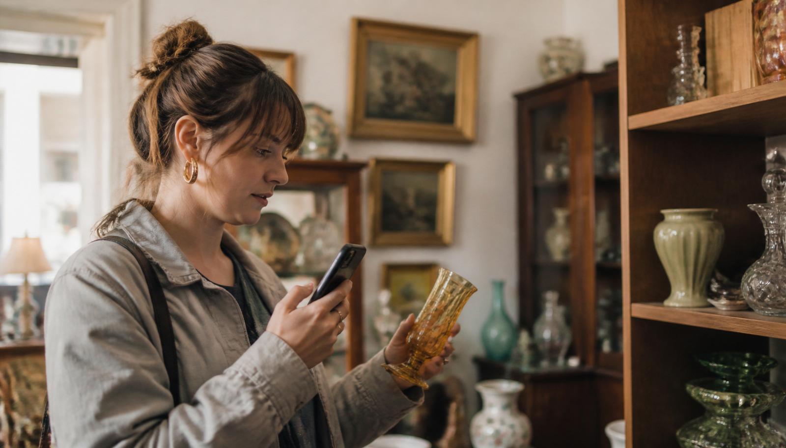 A reseller checking demand on her phone while holding a piece of amber glass at an estate sale full of antiques