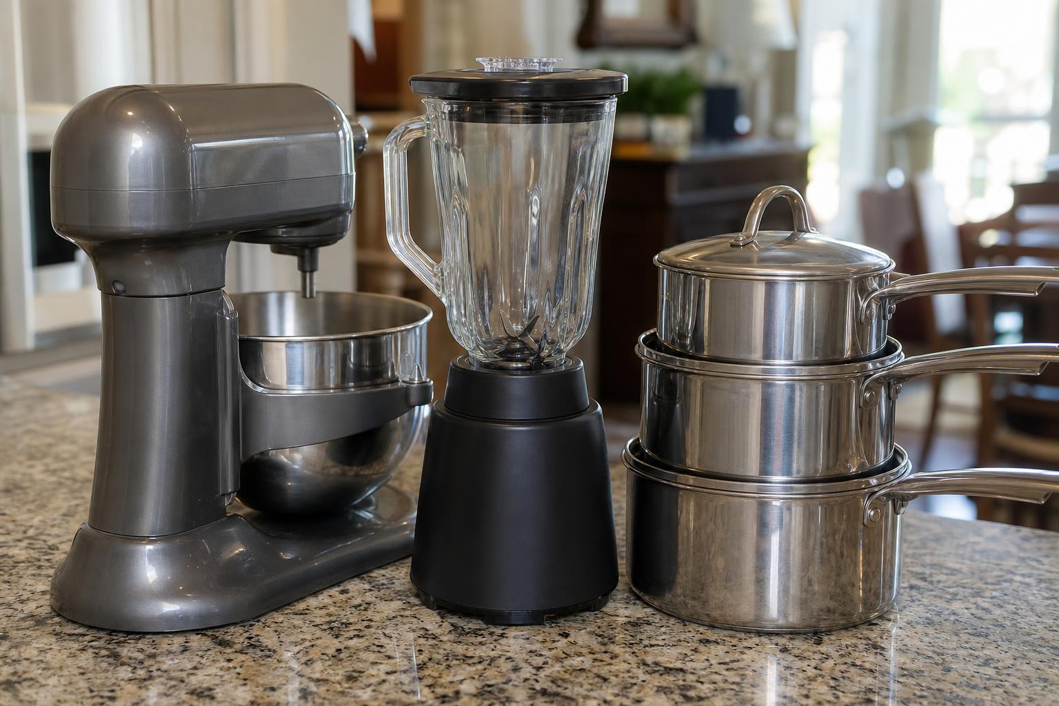 Used premium kitchen equipment on a granite estate-sale counter: a metal stand mixer with a stainless bowl, a glass-jar blender, and a stack of polished stainless steel pots and pans.