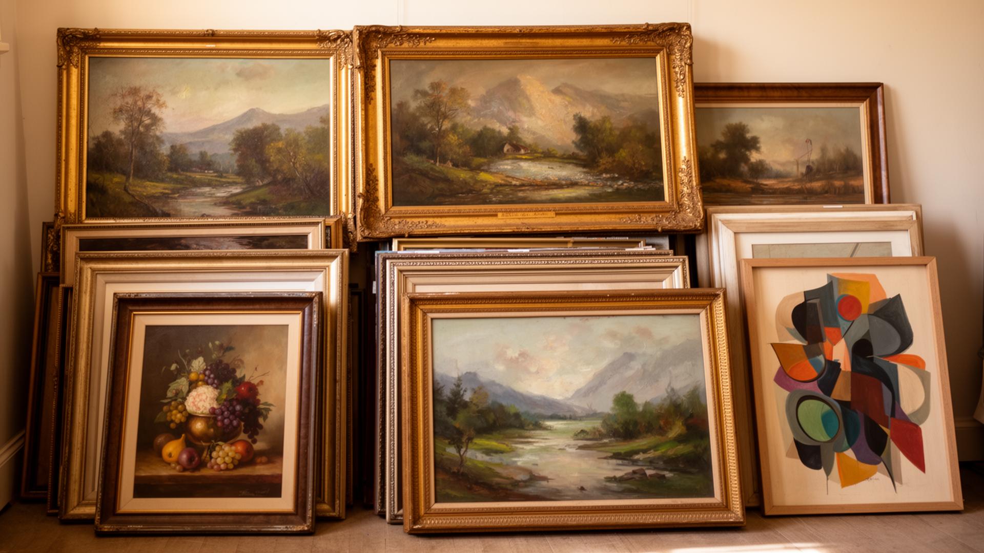 A wall of vintage framed artwork at an estate sale: original oil landscape paintings in gilded frames, still lifes, and a mid-century abstract canvas propped against the wall.