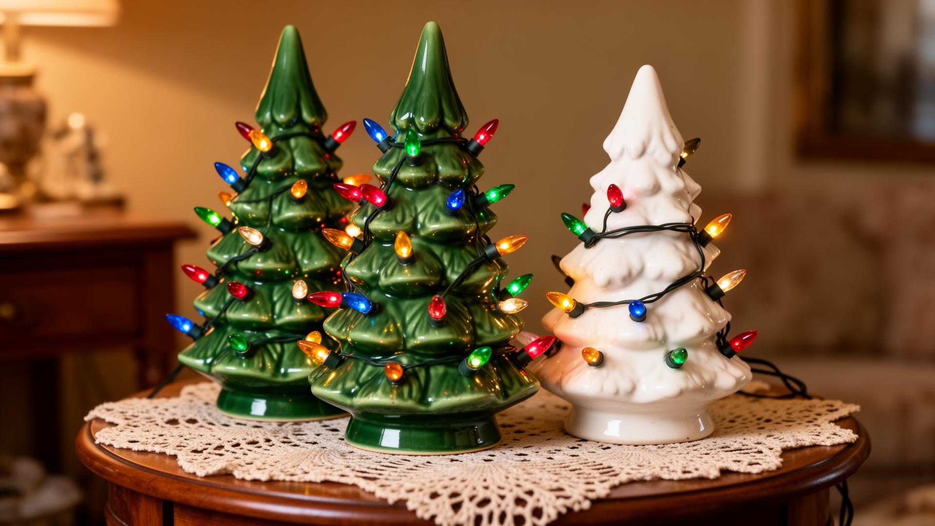 Vintage ceramic Christmas trees at an estate sale, lit up with small colorful plastic bulbs, in classic green glaze with a white snow-tipped version beside it, on a lace doily.