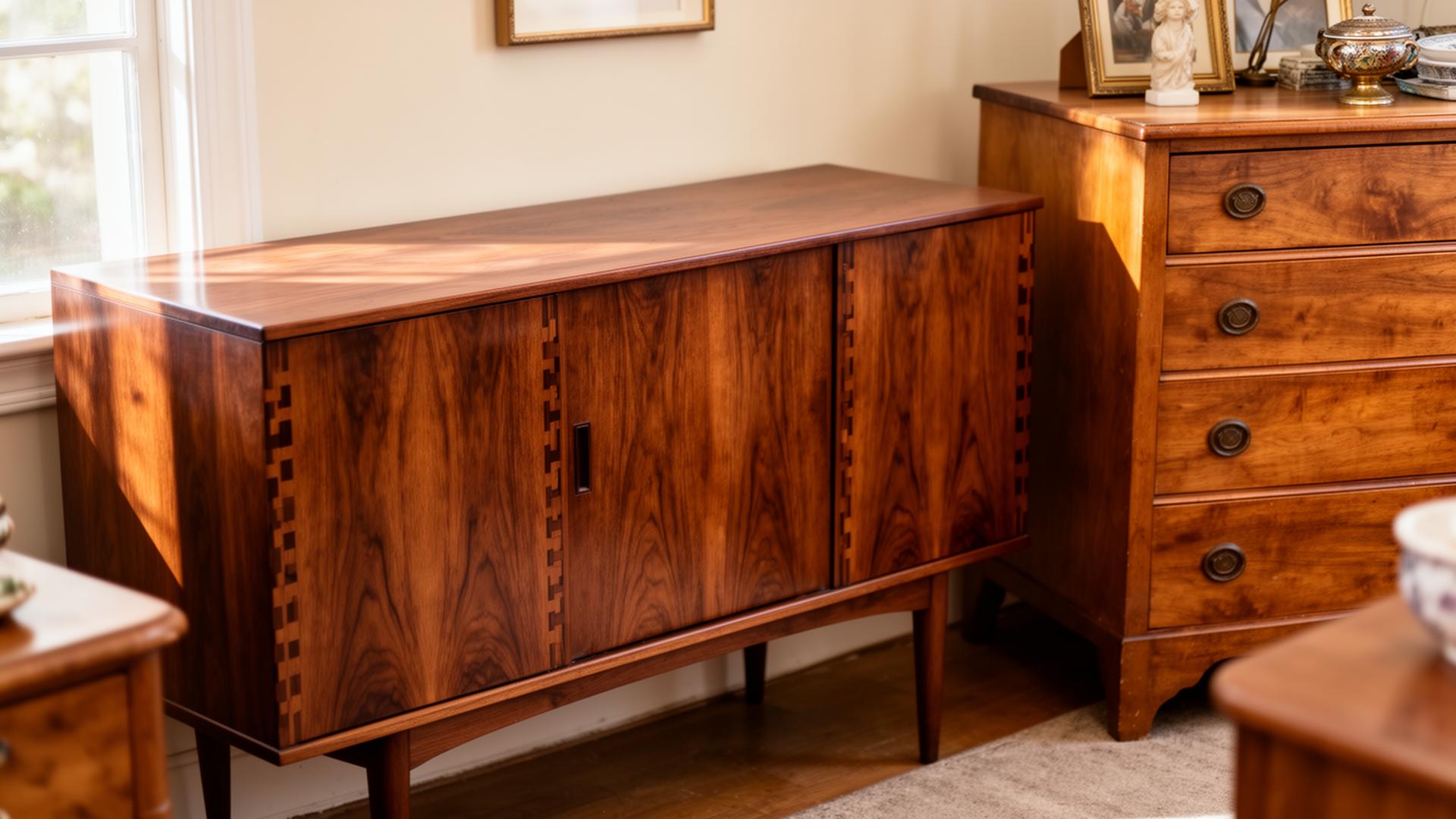 A solid wood mid-century walnut credenza and a vintage oak dresser in a sunlit room, showing rich wood grain, dovetail joinery, and warm patina.