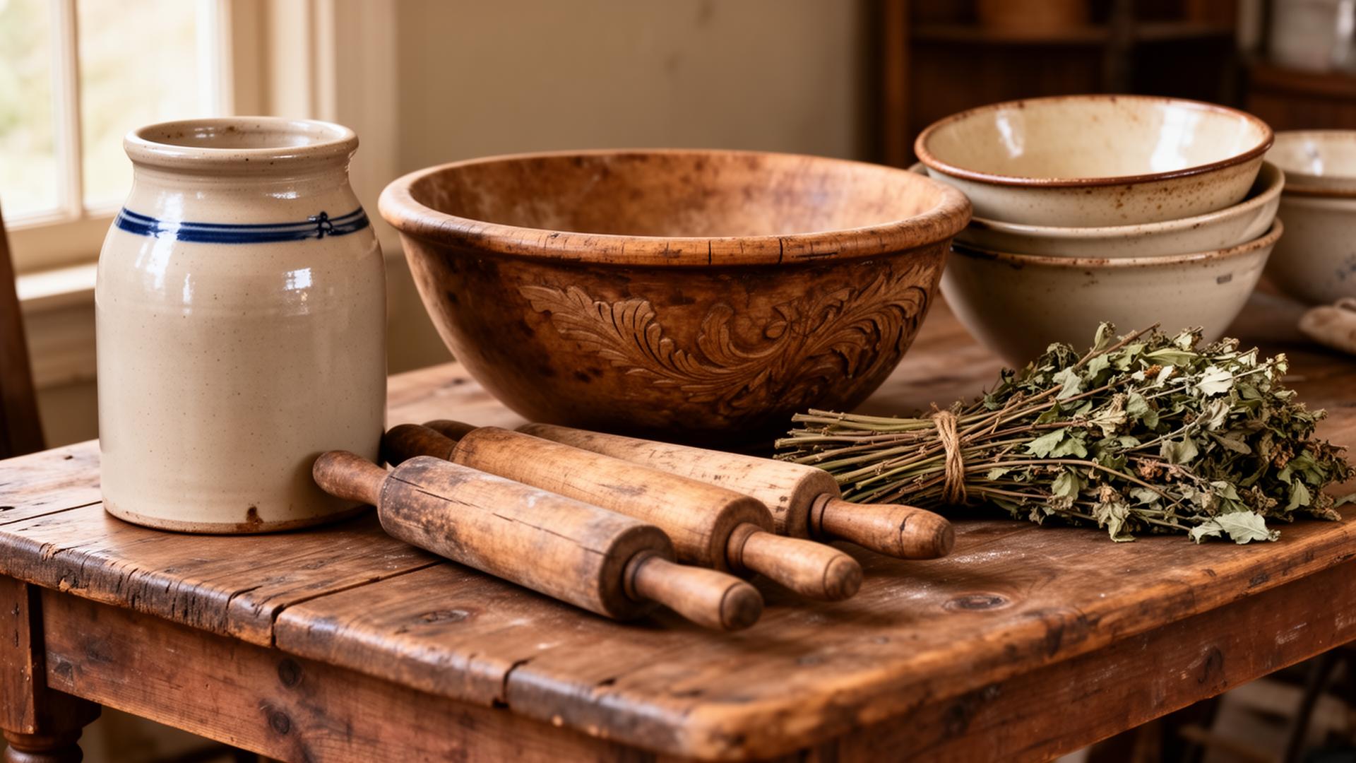 Primitive farmhouse kitchen antiques on a rustic wooden table: a salt-glazed stoneware crock with blue accents, a carved wooden dough bowl, worn wooden rolling pins, and stacked vintage mixing bowls.
