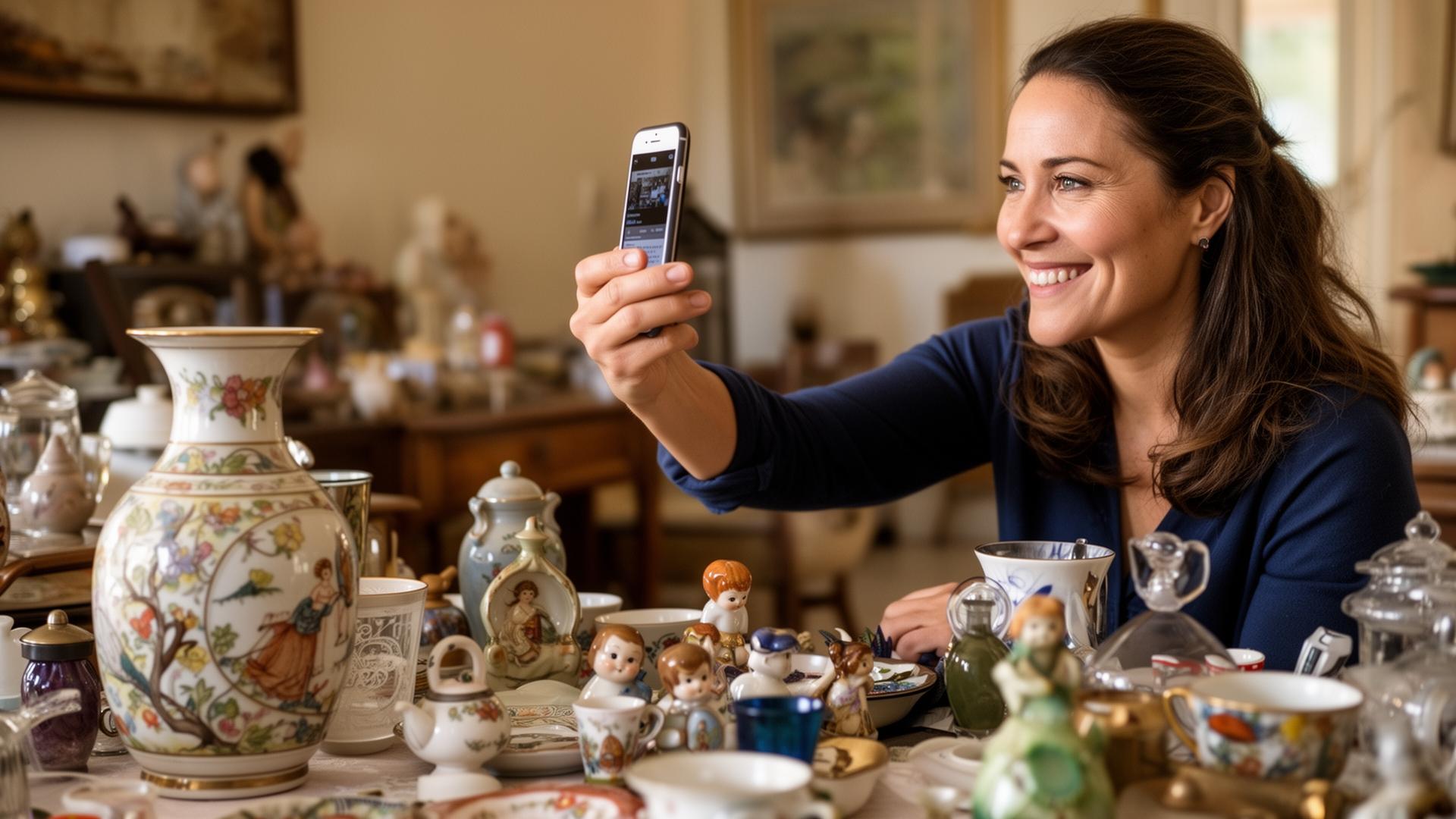 A woman in her thirties at an estate sale holding up her smartphone to photograph a vintage ceramic vase on a table full of collectibles, smiling as she decides whether to buy.
