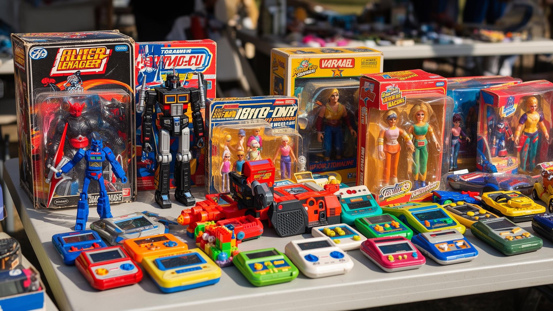 A nostalgic table of 1980s and 1990s vintage toys at an estate sale: boxed and loose action figures, a die-cast robot, small collectible dolls in cases, building-block sets, and retro handheld electronic games.