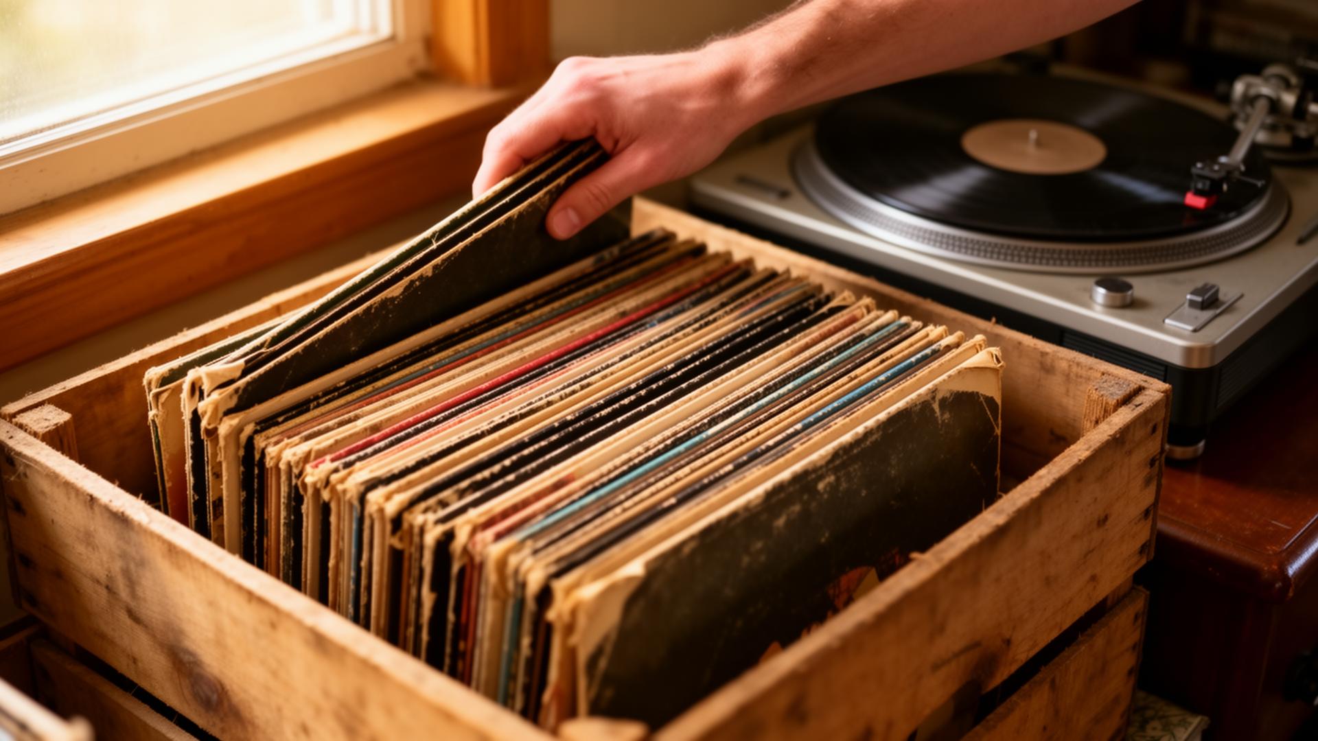 Looking down into a wooden crate of vintage vinyl records at an estate sale, a hand flipping through worn sleeves with a vintage turntable beside it.