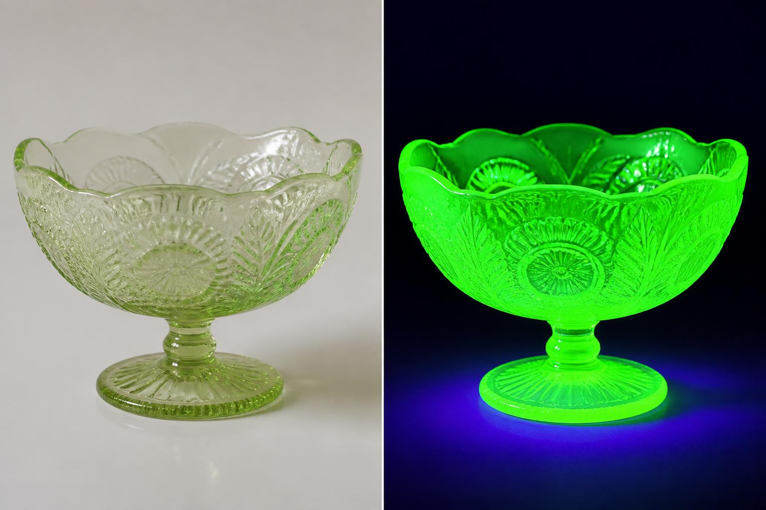 The same antique footed pressed-glass bowl shown twice: on the left in daylight it is a pale murky yellow-green, on the right in darkness under ultraviolet light it blazes brilliant green