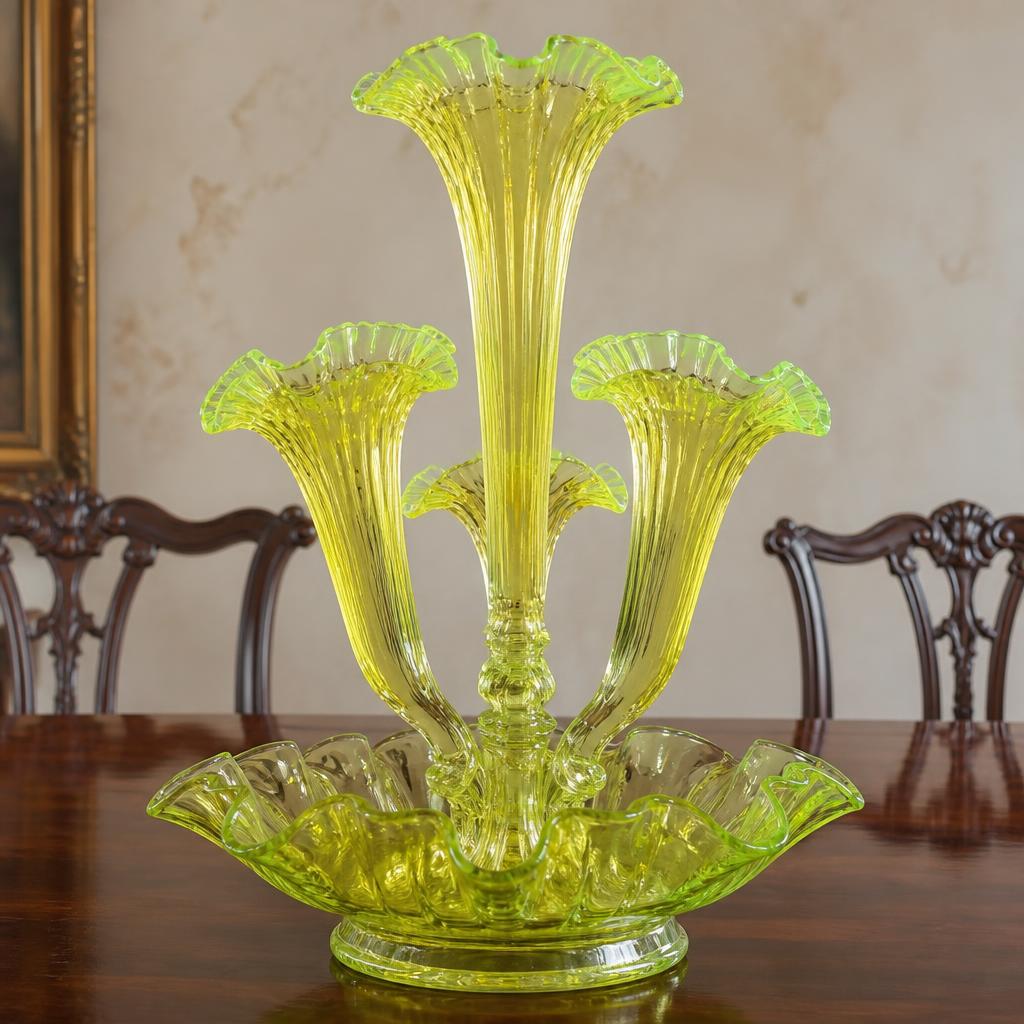 An ornate tall Victorian yellow-green uranium glass epergne with a central trumpet vase, three curved side trumpets and a ruffled base bowl, on a polished mahogany dining table