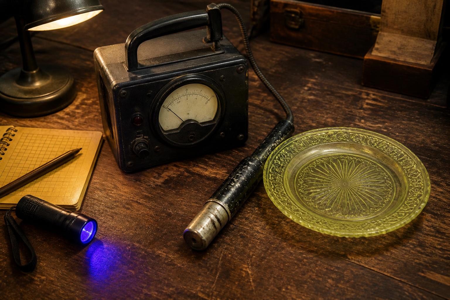 A vintage analog Geiger counter with a wand probe on a wooden workbench beside a pale yellow-green pressed glass plate and a small UV flashlight under warm lamp light