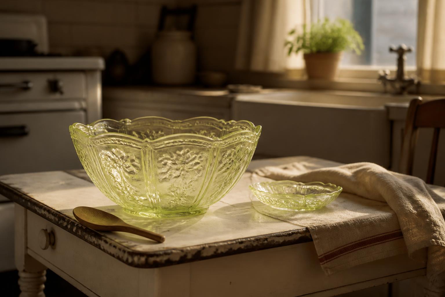 A pale yellow-green pressed glass salad bowl and matching small dish on a worn enamel kitchen table in a 1930s kitchen, warm morning window light