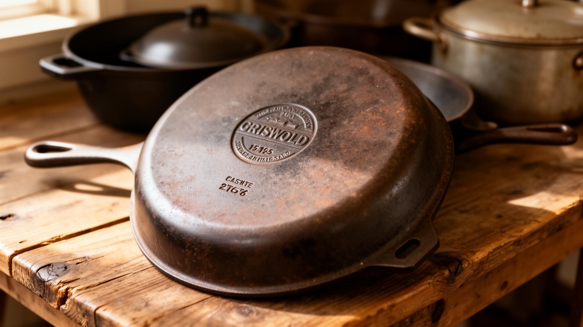 A vintage Griswold cast iron skillet turned upside down on an estate sale table showing the circular logo and 'Erie PA USA' casting on the bottom.