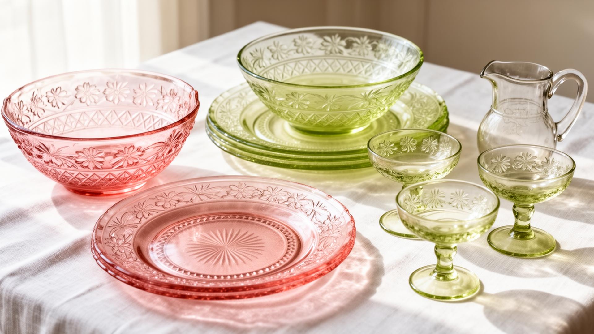 A collection of Depression-era glassware in pink and green arranged on a white tablecloth — serving bowls, plates, and footed cups showing the delicate pressed glass pattern.