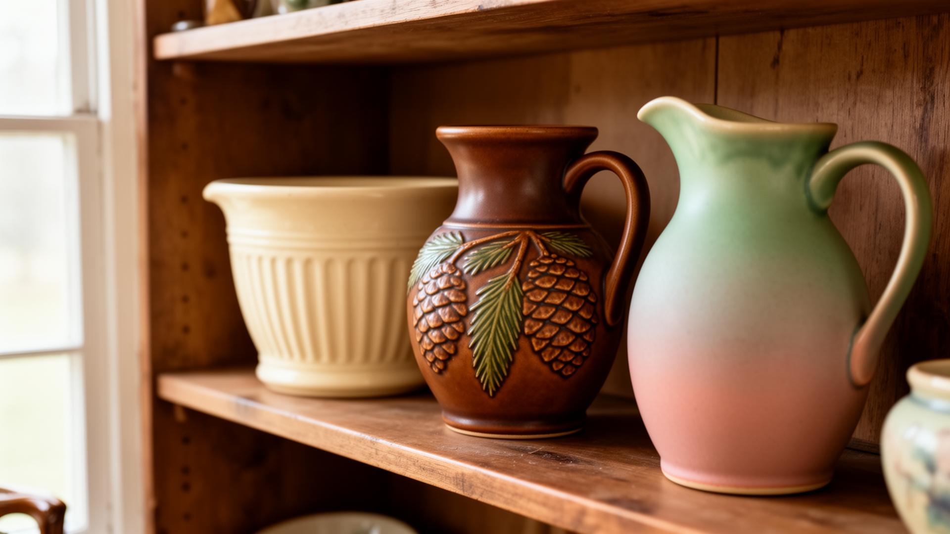 A row of American art pottery on an estate sale shelf — a McCoy planter, a Roseville vase in Pinecone pattern, and a Hull pitcher arranged in natural light.