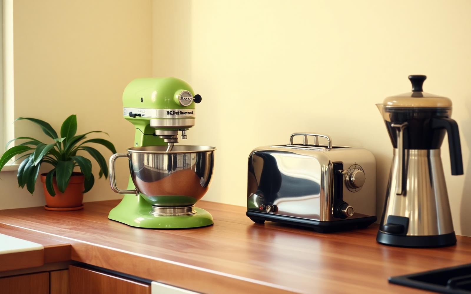 A vintage avocado-green stand mixer next to a chrome toaster and percolator coffee pot on a butcher block counter
