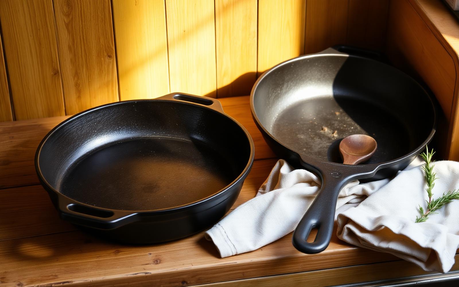 A well-seasoned vintage cast iron skillet on a rustic wood countertop next to a smaller pan, a linen towel, and rosemary