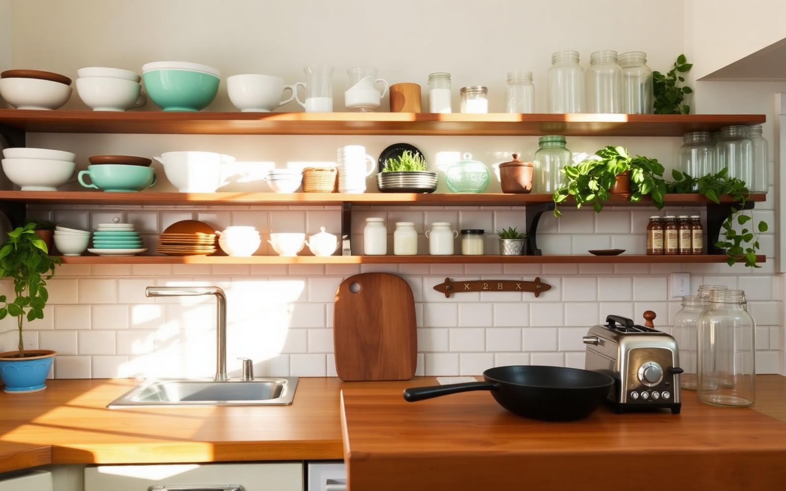A finished vintage kitchen styled from estate sale finds: open shelving with Pyrex bowls, jadeite mugs, mason jars, cast iron skillet, vintage toaster, and subway tile backsplash