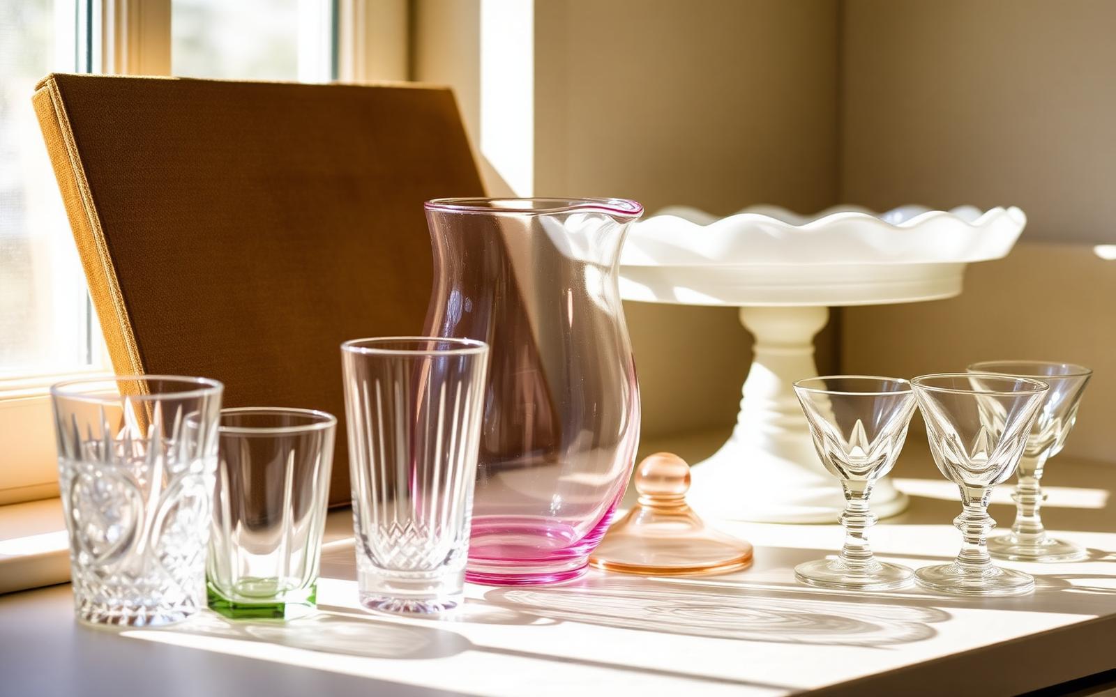 Vintage glassware on a sunlit kitchen shelf: pressed-glass tumblers, pink Depression pitcher, milk glass cake stand, and crystal coupe glasses