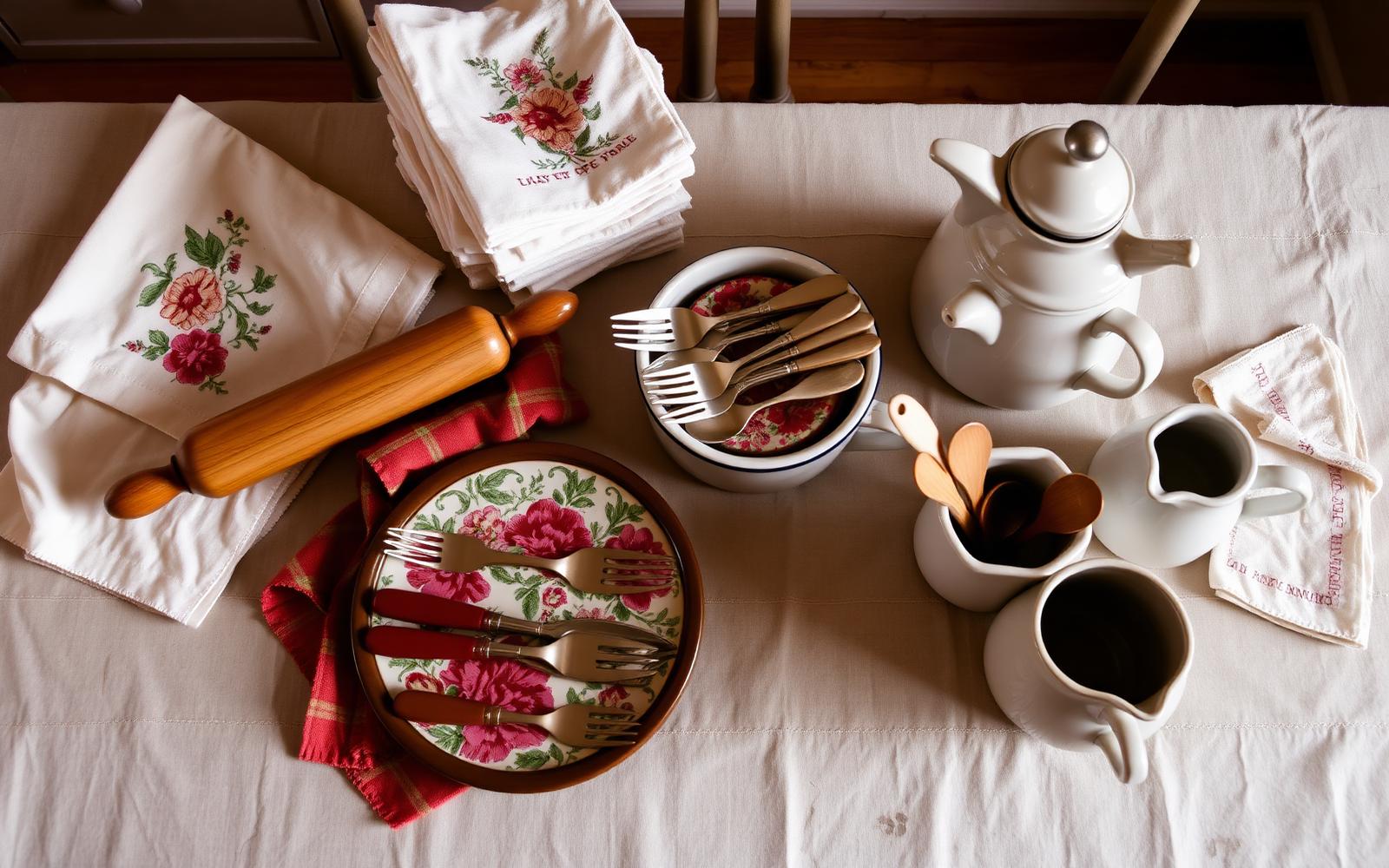 Vintage linens and utensils on a farmhouse table: embroidered towels, floral napkins, wooden rolling pin, bakelite flatware, enamelware coffee pot, and a crock of wooden spoons