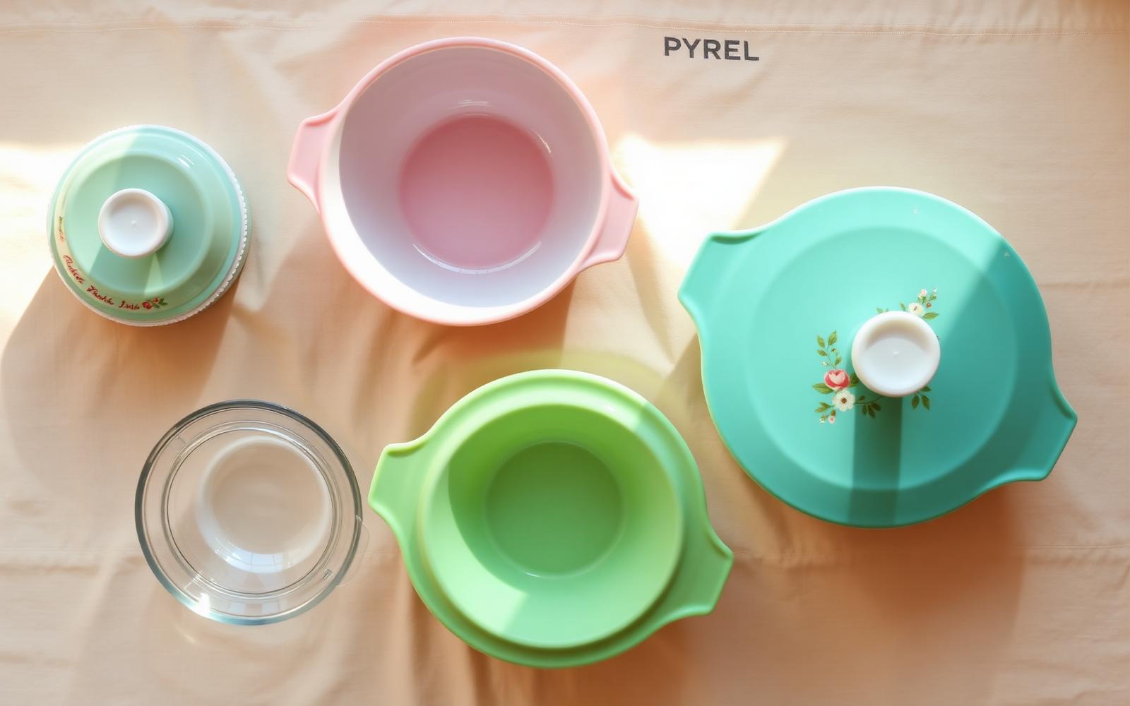 Overhead view of vintage Pyrex mixing bowls in Butterprint turquoise, Pink Gooseberry, and Spring Blossom green patterns on a linen cloth