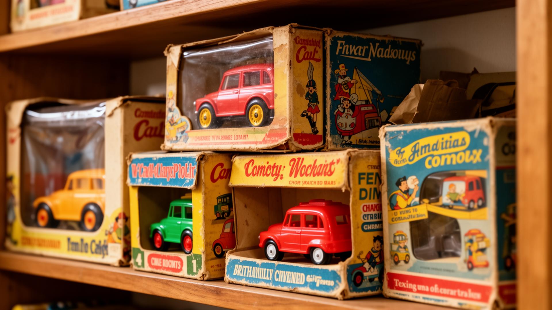 A close-up of generic vintage toys still sealed in their faded, slightly worn original cardboard boxes, stacked on a shelf at an estate sale.