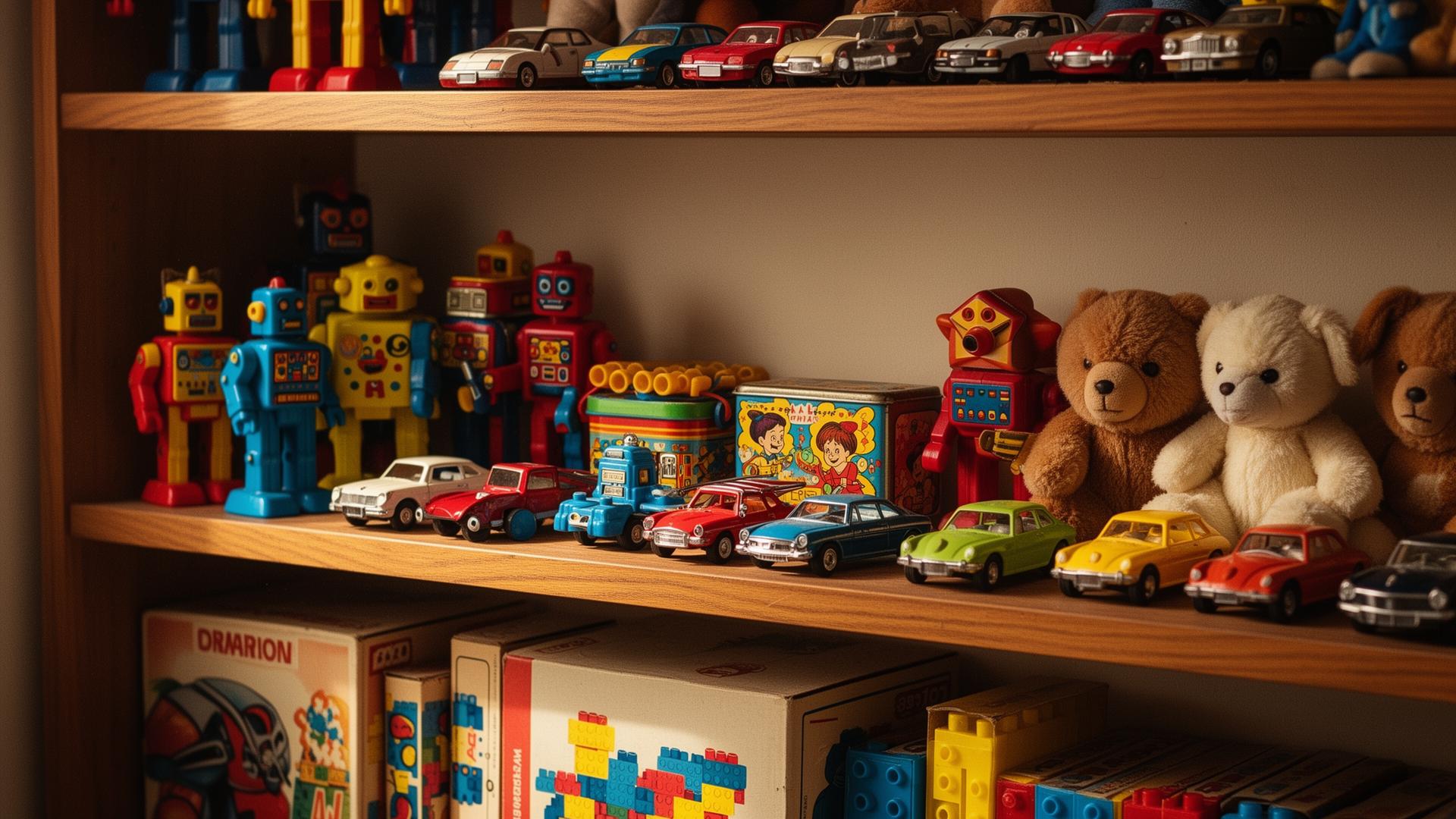 A wooden shelf lined with generic vintage 1980s toys — colorful plastic robots, small diecast cars, a windup tin toy, plush animals, and building-block sets in plain boxes.
