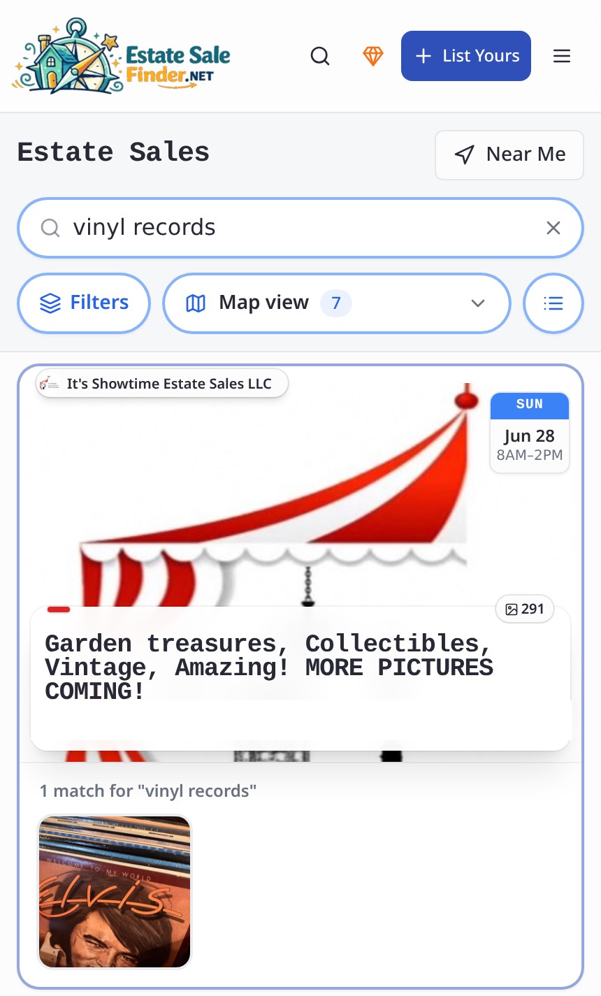 A phone showing a search for "vinyl records" returning nearby estate-sale listings with record crates, prices, and distances.