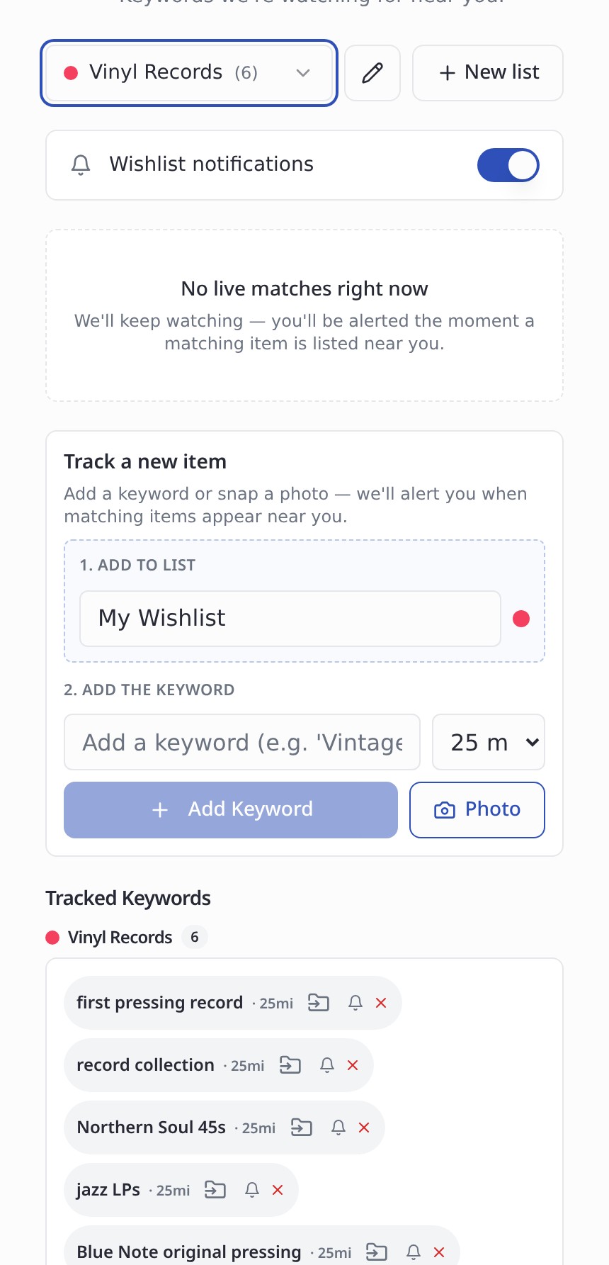 A phone showing a saved record wishlist with keywords like "Blue Note" and "jazz vinyl" and a "new match nearby" alert.