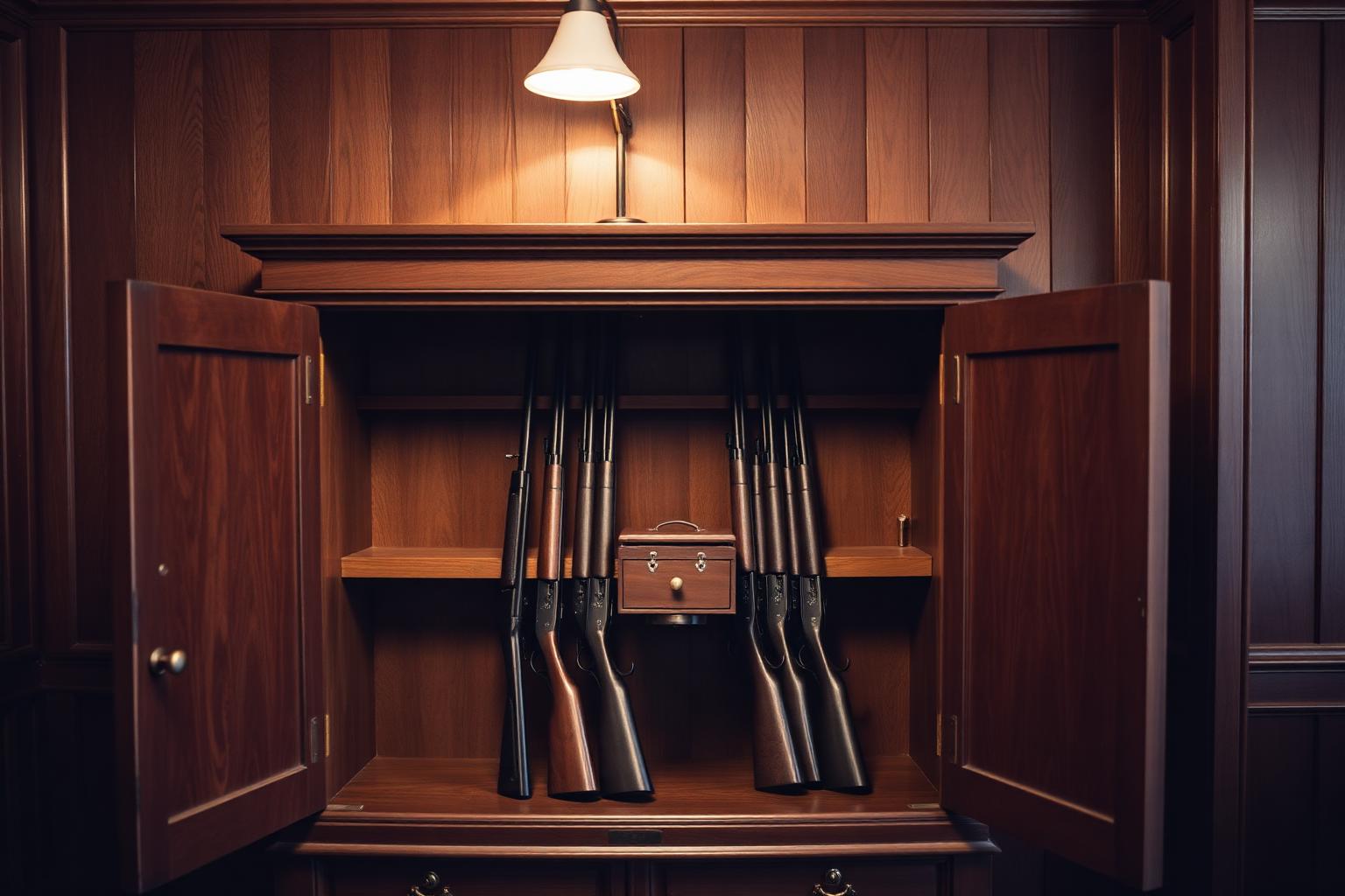 A vintage wooden gun cabinet with several long guns and a small lockbox on a shelf, partially open, in a study with wood-paneled walls.