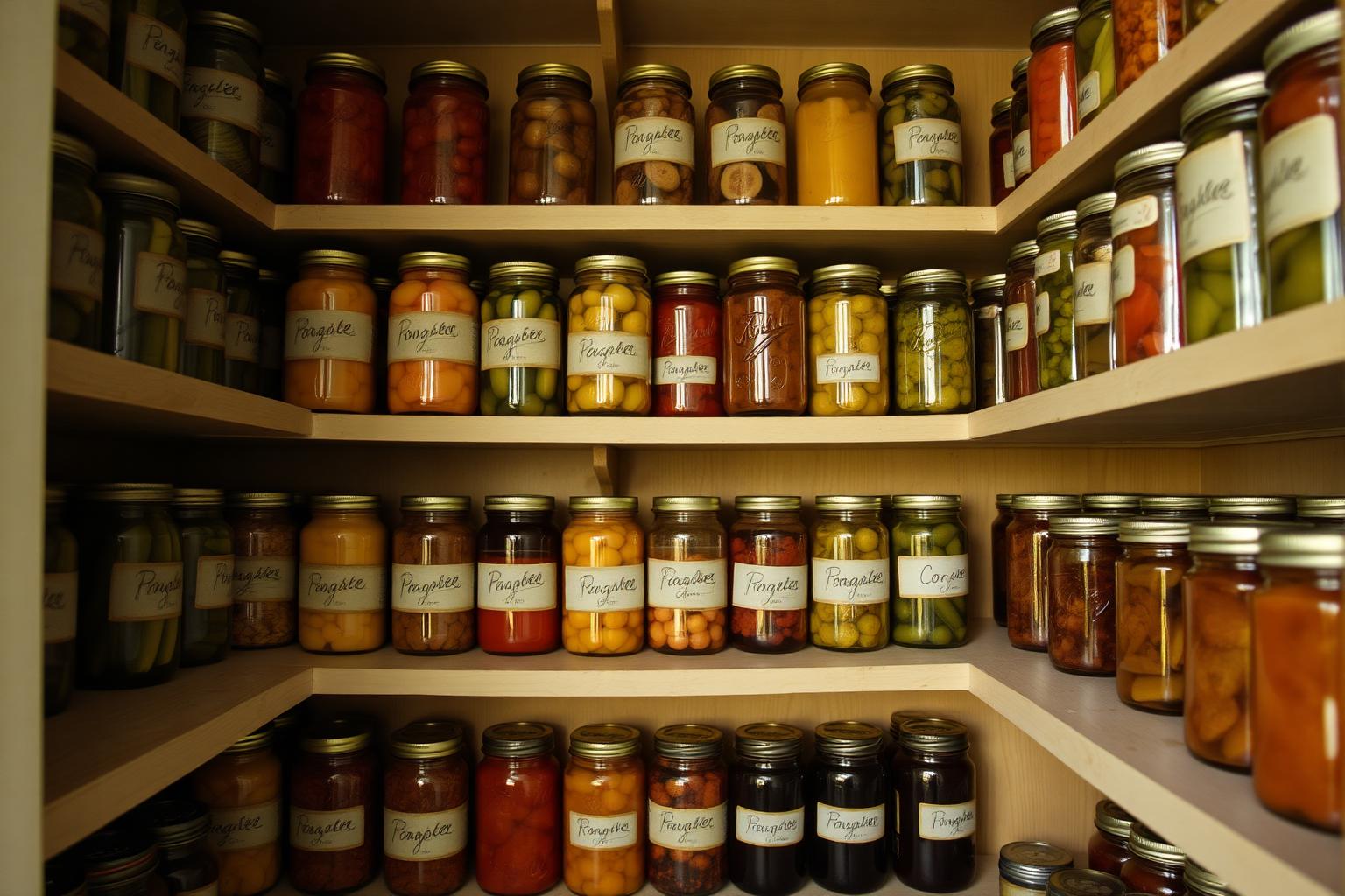 An older home's pantry shelves with rows of homemade canned goods in mason jars — pickles, tomatoes, jams — neatly labeled in handwriting. Warm light, slightly vintage feeling.