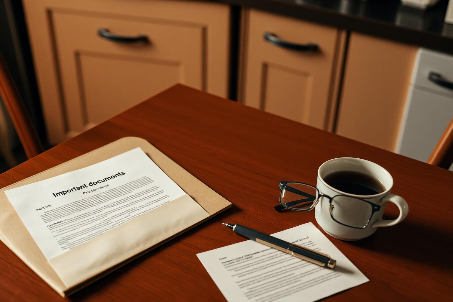 A wooden kitchen table with a manila folder labeled 'important documents', a will printed on cream paper, a pen, reading glasses, and a cup of tea going cold. Warm overhead kitchen light.