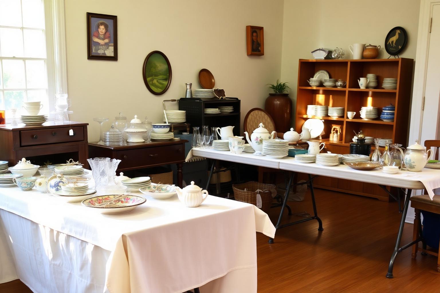 A professional estate sale setup — neatly arranged vintage dishes, glassware, and kitchen items on folding tables covered with white tablecloths in a bright family home. Price tags tied with twine on items.