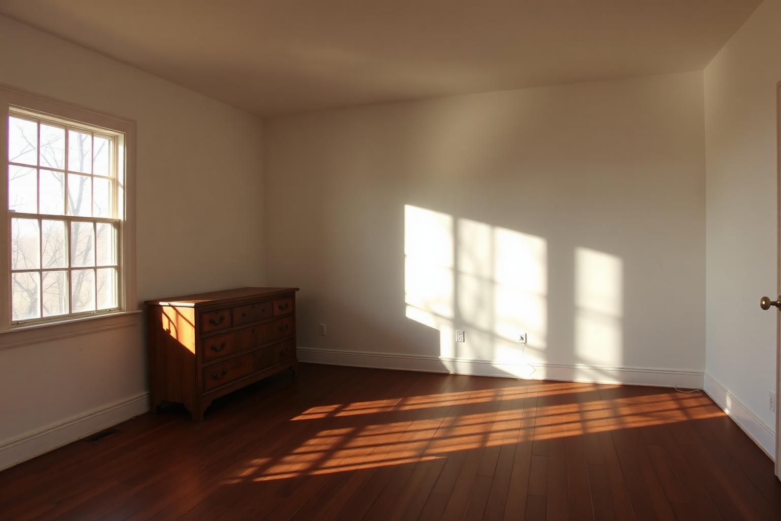 A nearly empty bedroom after an estate sale — just an old wooden dresser remaining against a white wall, afternoon light through bare windows casting long shadows across hardwood floors.