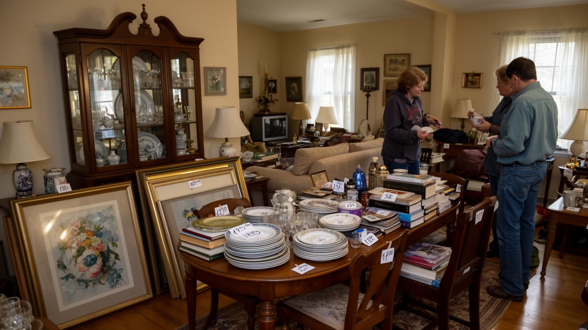 The living room and dining room of a home during an estate sale, full of everyday belongings arranged for sale — a china cabinet, lamps, framed art, and stacks of dishes and books on the dining table with small handwritten price stickers, while a couple of shoppers browse.