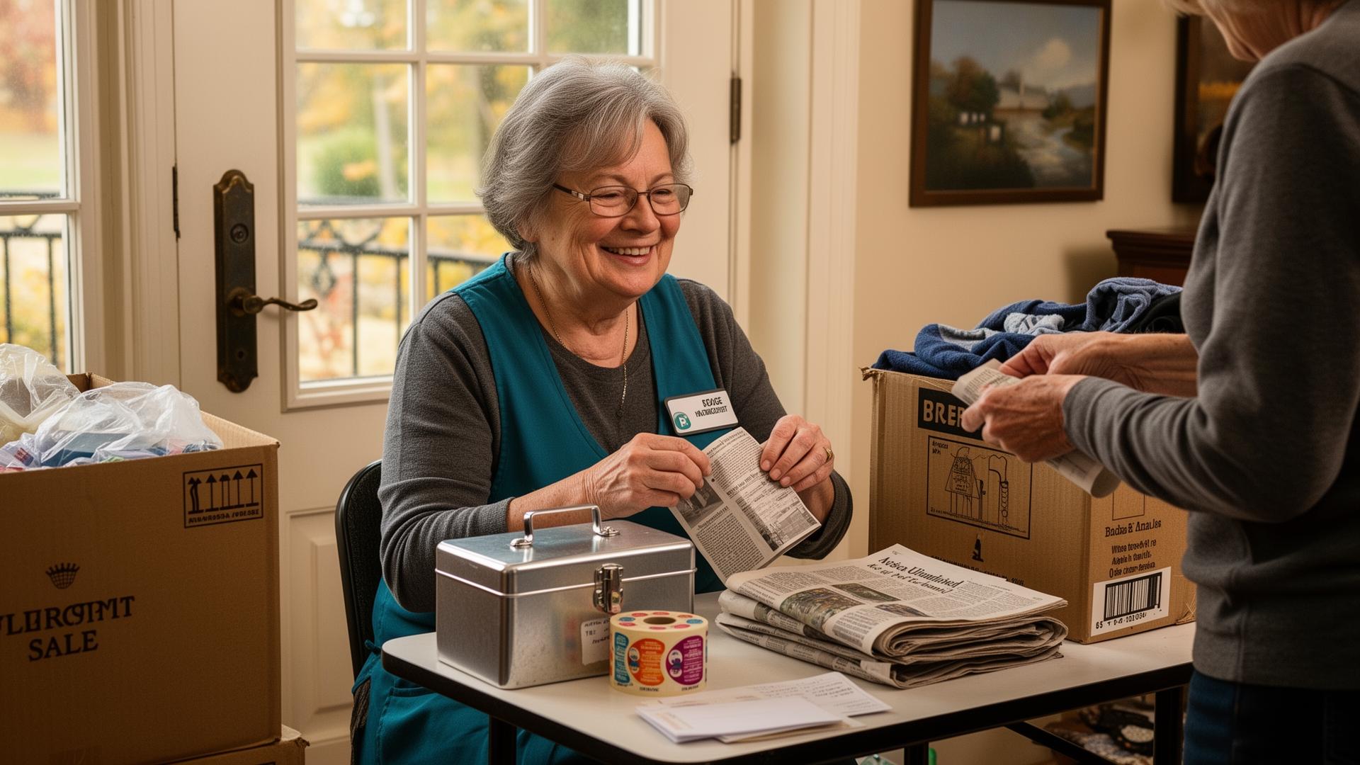 A friendly older woman volunteer sitting at a small checkout table near the front door of a home estate sale, with a metal cash box and a roll of stickers, wrapping a small purchased item in newspaper for a customer.