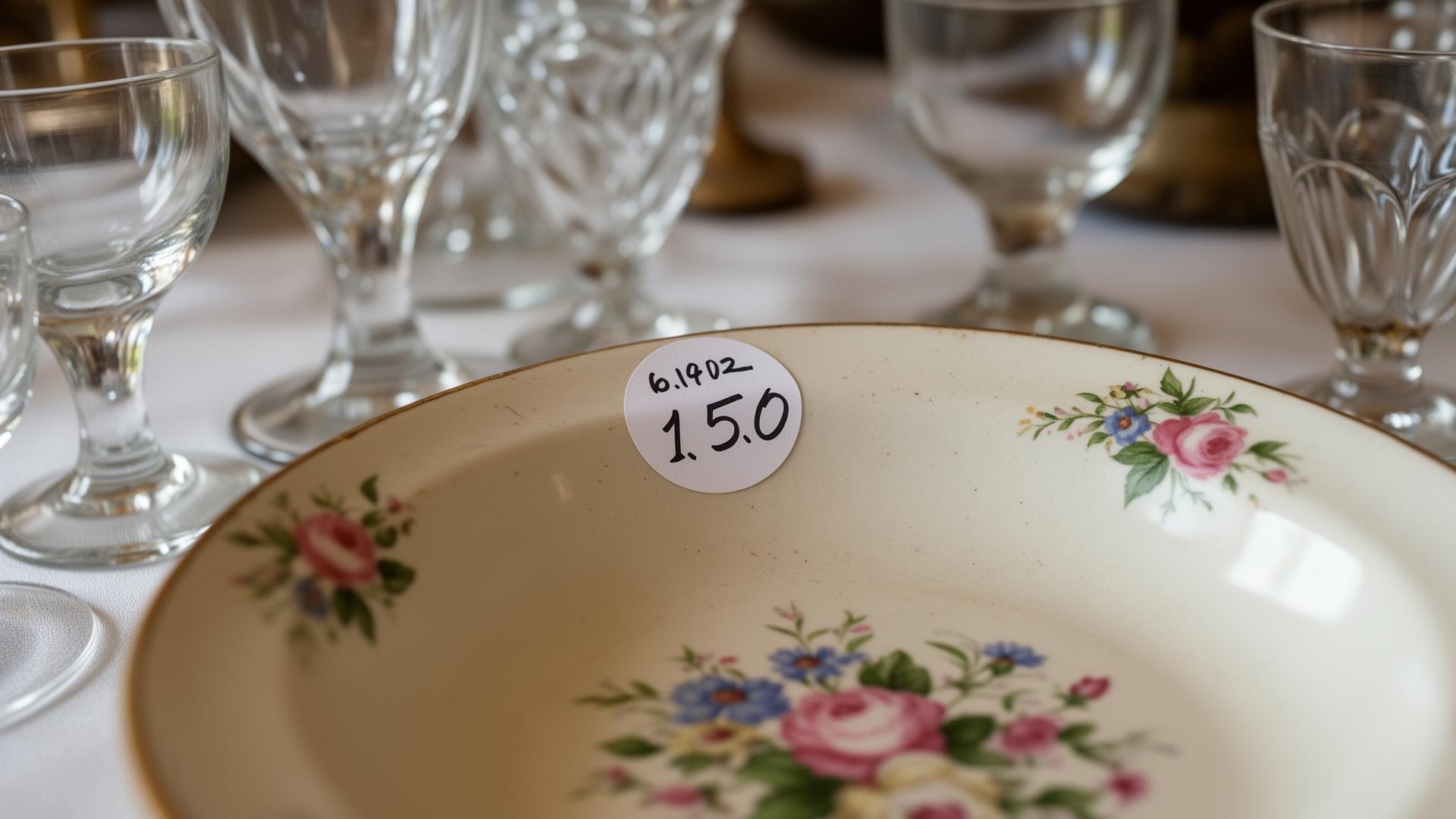 A close-up of a small handwritten round price sticker on the rim of a vintage floral ceramic dish sitting among glassware on a table at an estate sale.