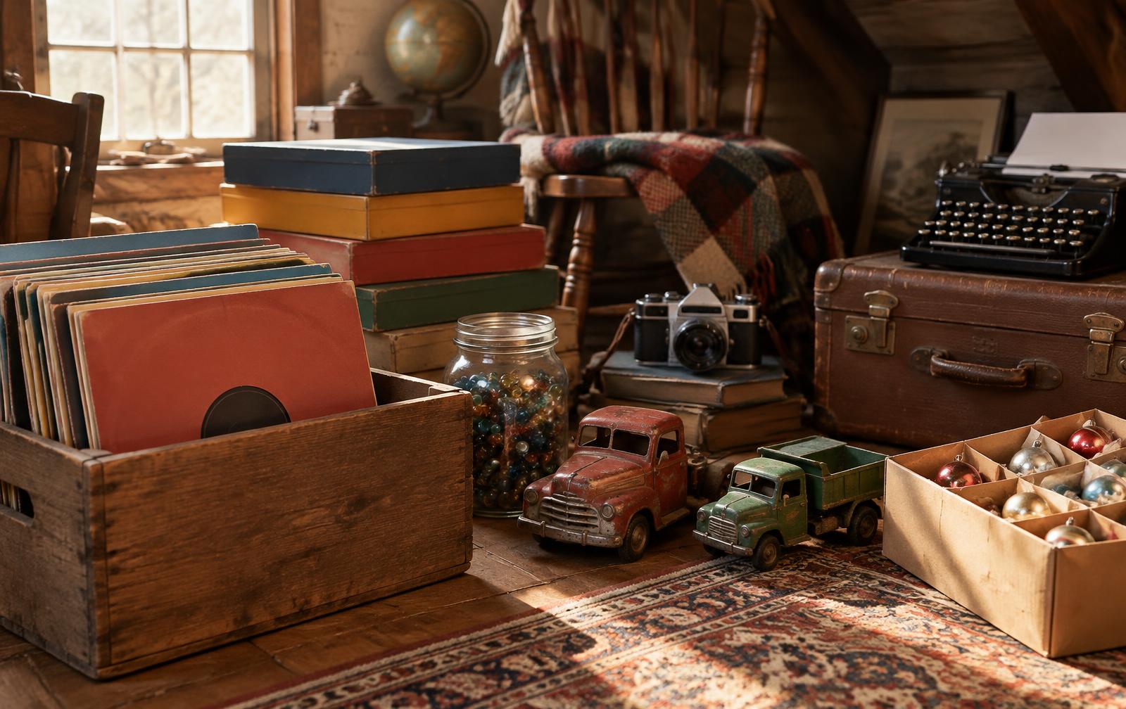 An attic corner with a wooden crate of vinyl records, stacked board games, a jar of marbles, vintage metal toy trucks, a film camera, a typewriter on an old suitcase and a box of glass ornaments.