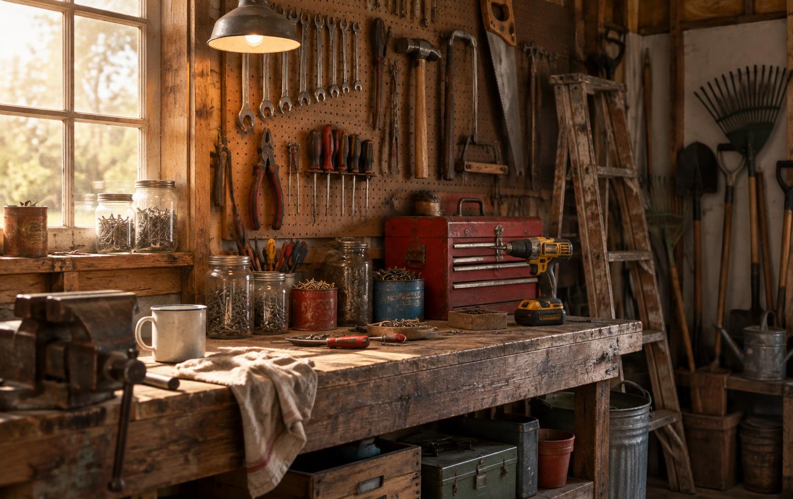 A wooden garage workbench with hand tools on pegboard, a red toolbox, a cordless drill, jars of screws and bolts, a ladder and garden tools.