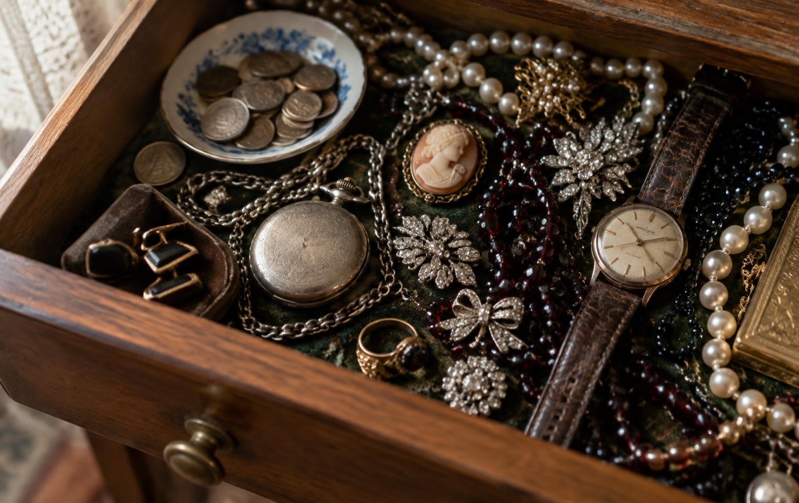 An open dresser drawer full of vintage costume jewelry, brooches, a cameo, pearls, a pocket watch, a vintage wristwatch, cufflinks and a dish of old coins.
