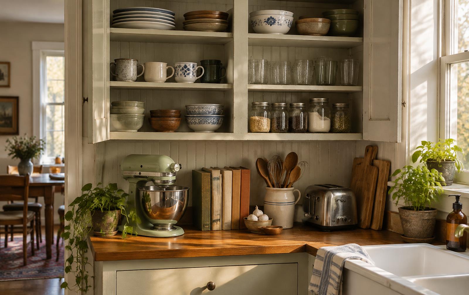 An open kitchen cabinet with everyday dishes, glasses and canning jars above a counter with a vintage stand mixer, cookbooks and a toaster.