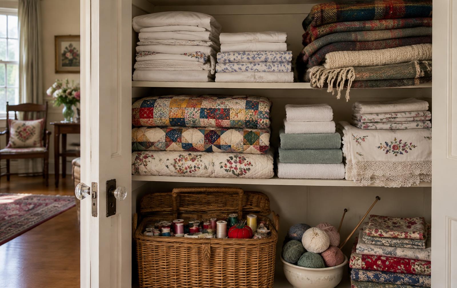 A linen closet with folded sheets and towels, wool blankets, stacks of patchwork quilts, embroidered tablecloths and a wicker sewing basket.