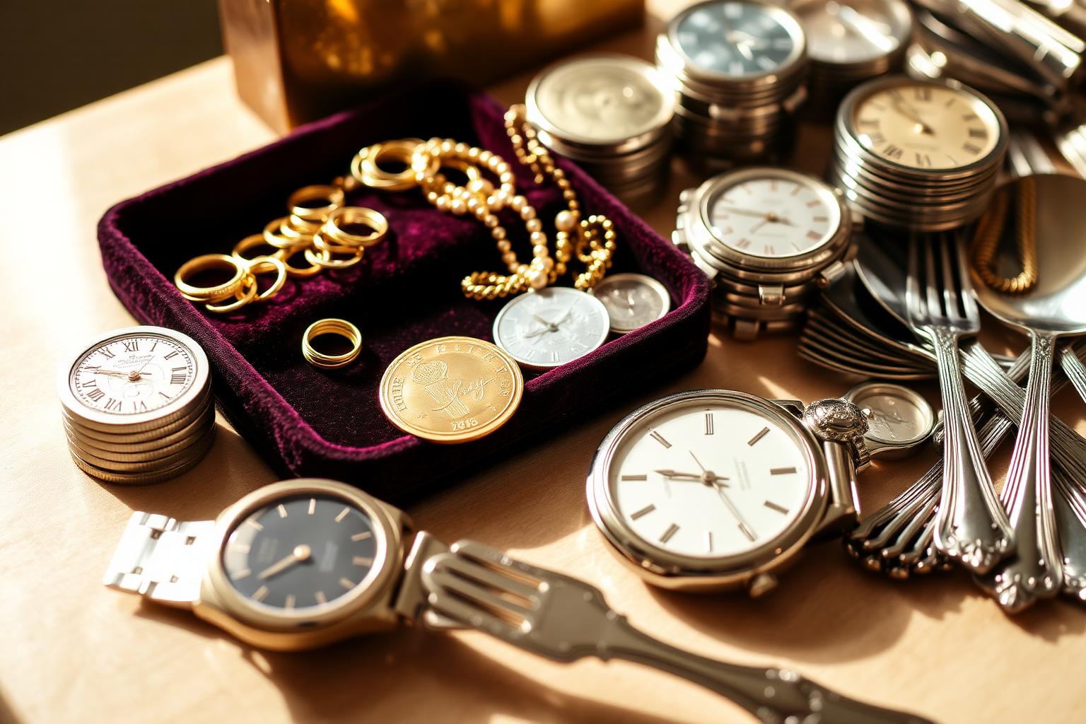 A velvet tray of gold rings and pearl necklaces beside stacks of silver coins, a quality wristwatch, and sterling silver flatware in warm light.