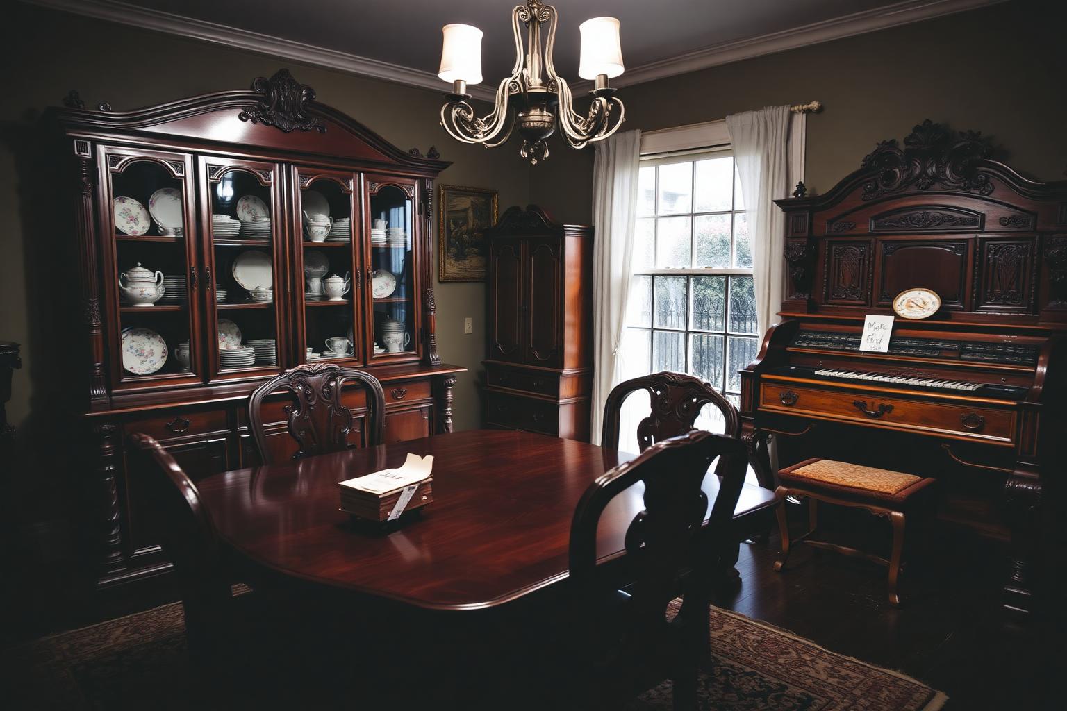 A dim traditional dining room with a large ornate dark-wood china cabinet full of floral china, a heavy formal dining set, and a console organ — classic hard-to-sell estate items, with a small 'Make Offer' tag on the table.