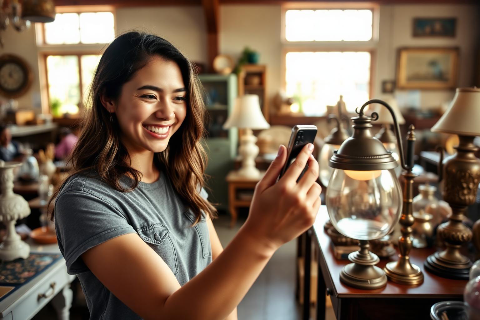 A cheerful young woman at an estate sale photographing a vintage lamp with her phone to check its value, surrounded by tables of collectibles, in warm afternoon light.