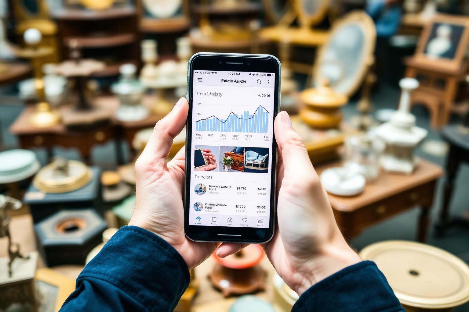 A person holding a smartphone over an estate sale table, the screen showing a clean marketing-analytics dashboard with trend charts and item recommendations, antiques softly blurred behind.