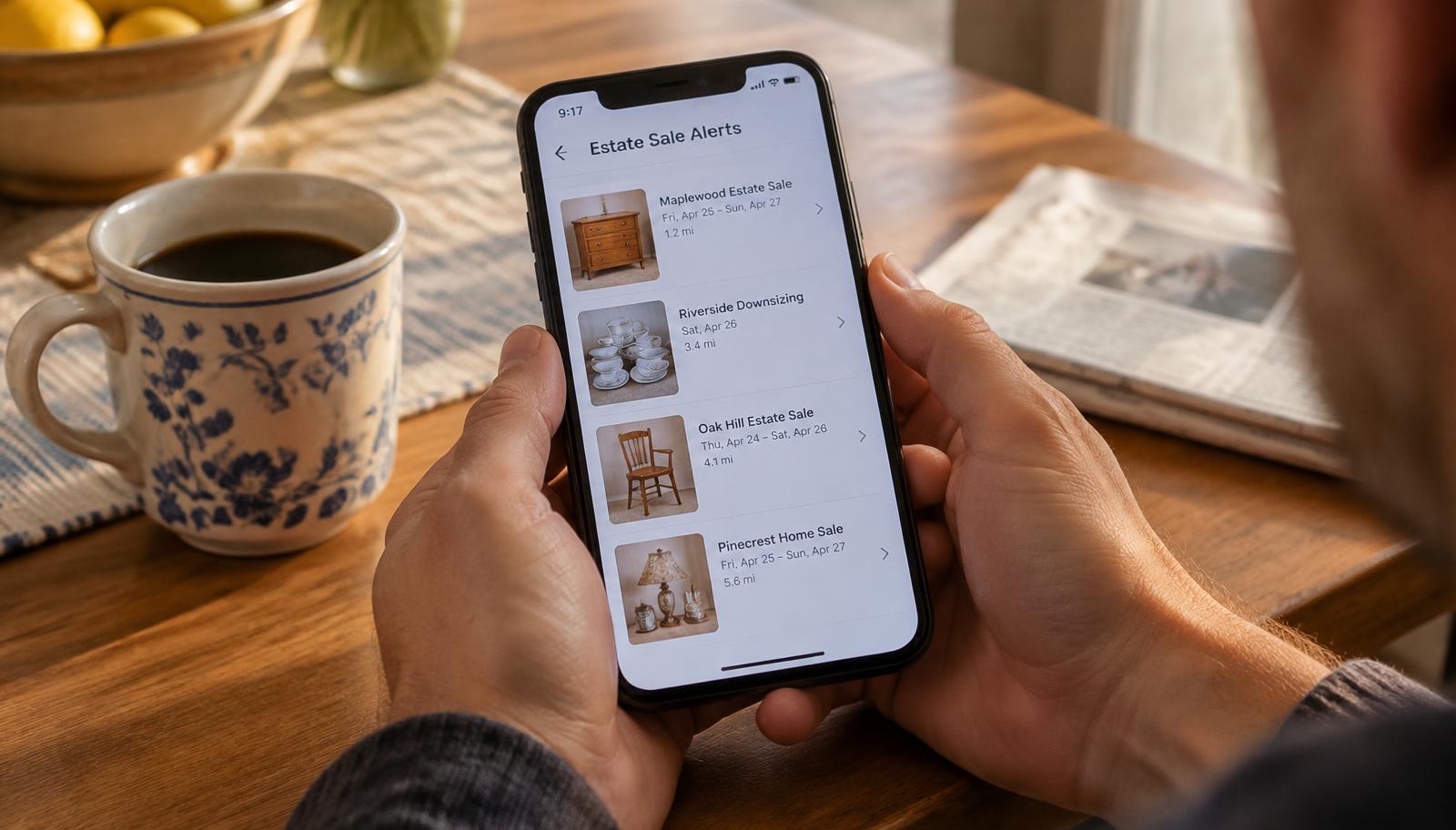A man holding a phone at a kitchen table showing a list of upcoming estate sale alerts with item photos