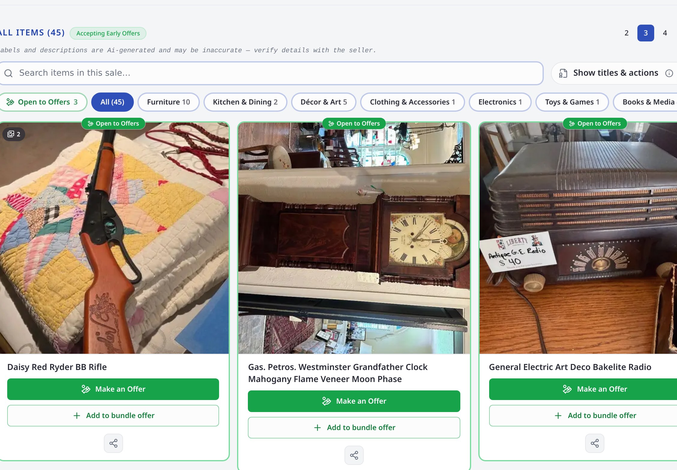 The live item grid on a sale page showing the "Accepting Early Offers" label and green "Open to Offers" badges on furniture and collectibles, each with a Make an Offer button.