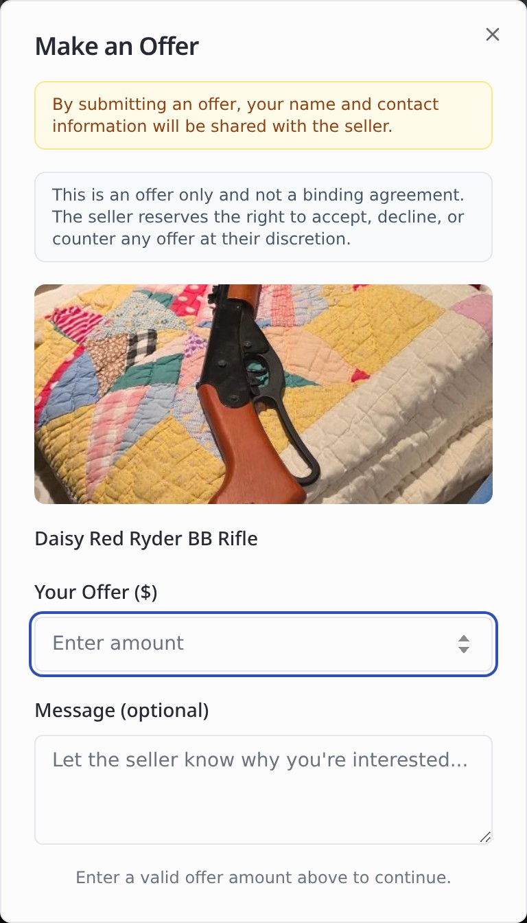 The Make an Offer dialog showing the item photo, an offer amount field, an optional message, and a clear note that the seller decides whether to accept.