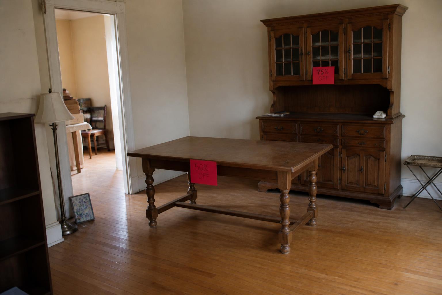 A large dining table and hutch marked 50% and 75% off, still unsold on the last day of an estate sale.