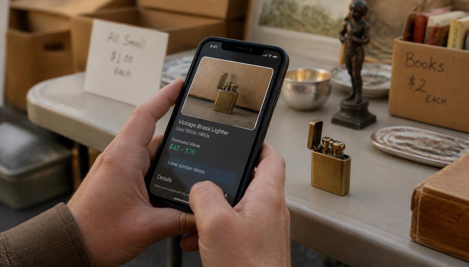 A shopper using a phone to identify a small vintage brass lighter at an estate sale table