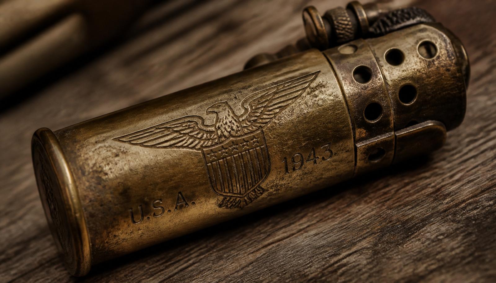 A handmade WWII American trench-art lighter etched from a brass shell casing