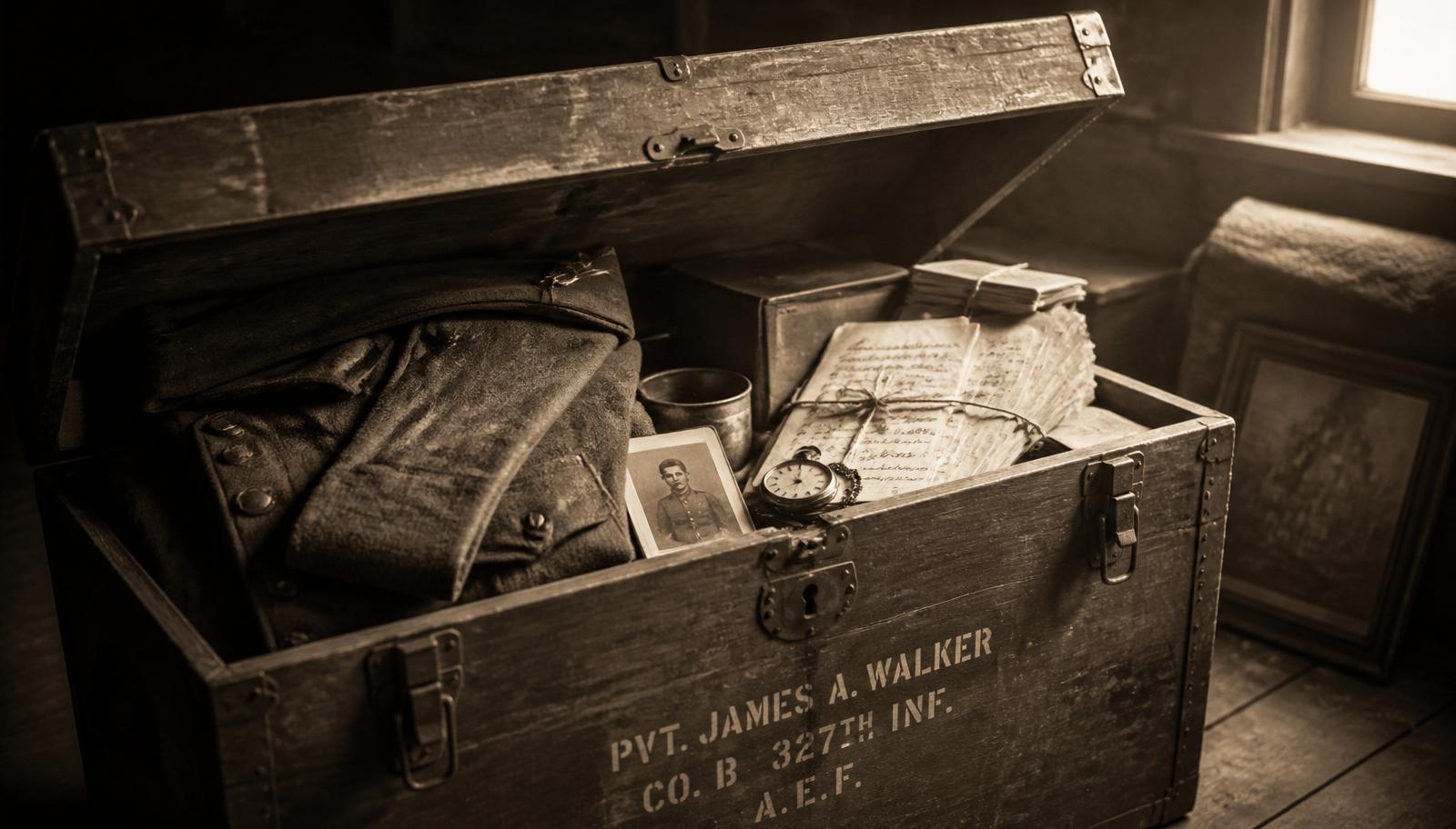An open WWII footlocker holding a folded uniform, letters, a pocket watch, and small keepsakes
